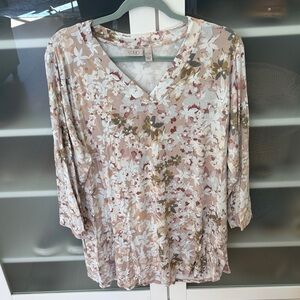 LOGO by Lori Goldstein Floral V-Neck Tunic Top Blouse - Cream, pinks, greens - L